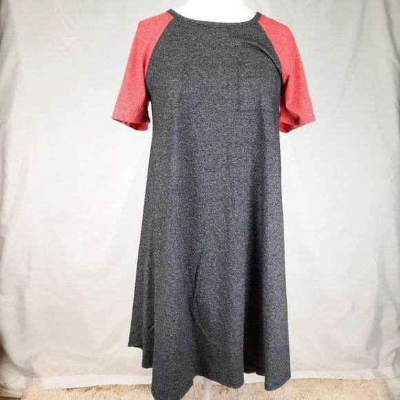 LuLaRoe Carly swing dress gray red contrast short sleeve pocket high-low small - Picture 5 of 10